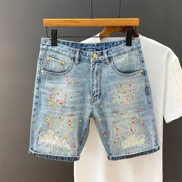 Men's Distressed Denim Shorts with Splatter Print Korean Slim Fit 5-Inch Inseam Casual Summer Shorts Patch Details_mkmklike.com