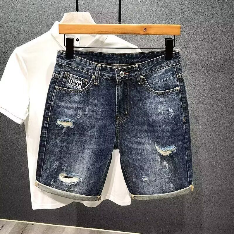 Men's Retro Washed Embroidered Distressed Denim Shorts Trendy Loose Straight Leg Five Point Pants Mid Length Summer Thin_mkmklike.com