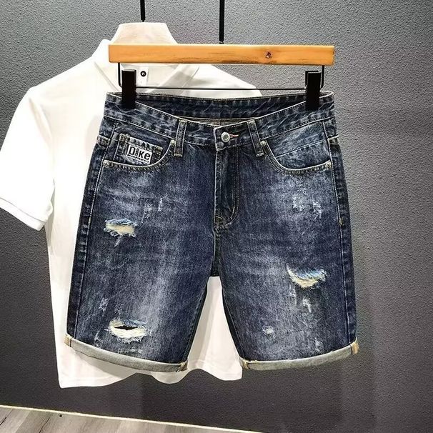 Men's Retro Washed Embroidered Distressed Denim Shorts Trendy Loose Straight Leg Five Point Pants Mid Length Summer Thin_mkmklike.com