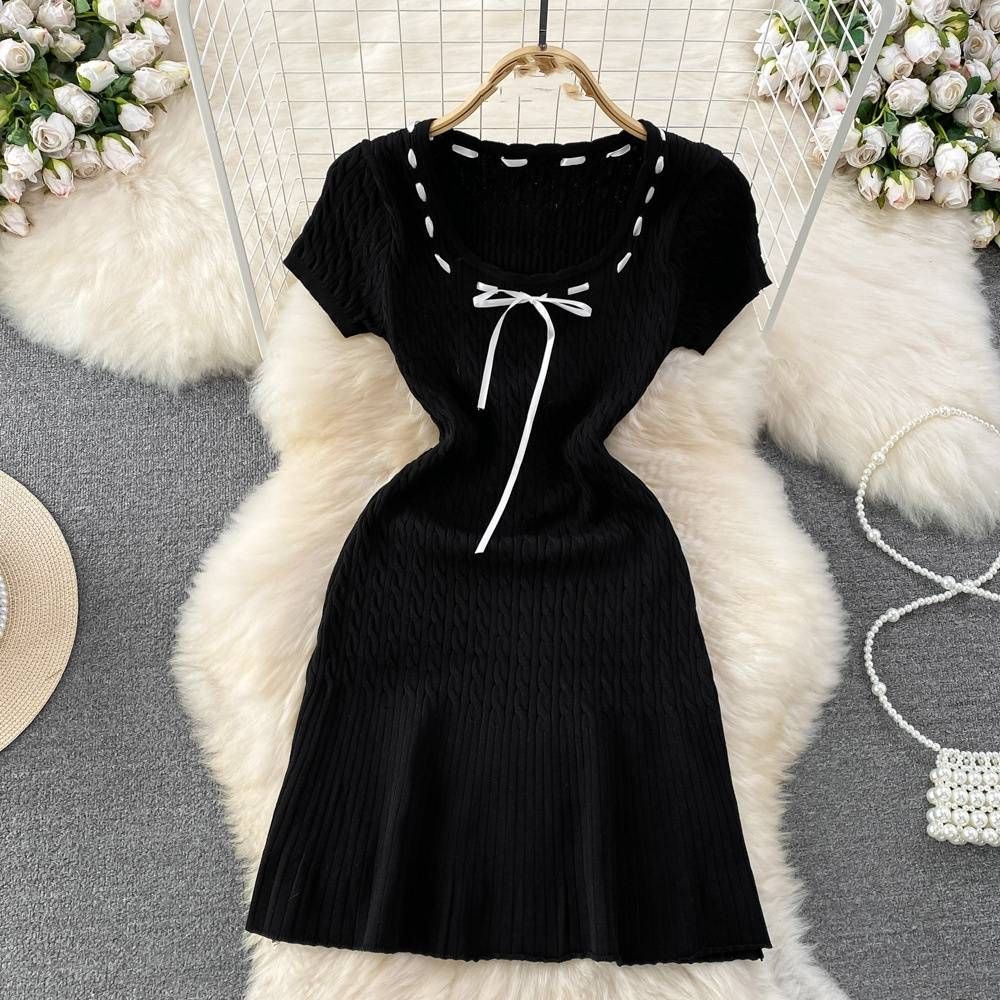Women's Clothing Temperament Short Sleeve Round Neck Waist Slim Small Knitted Fishtail Hip Dress_mkmklike.com