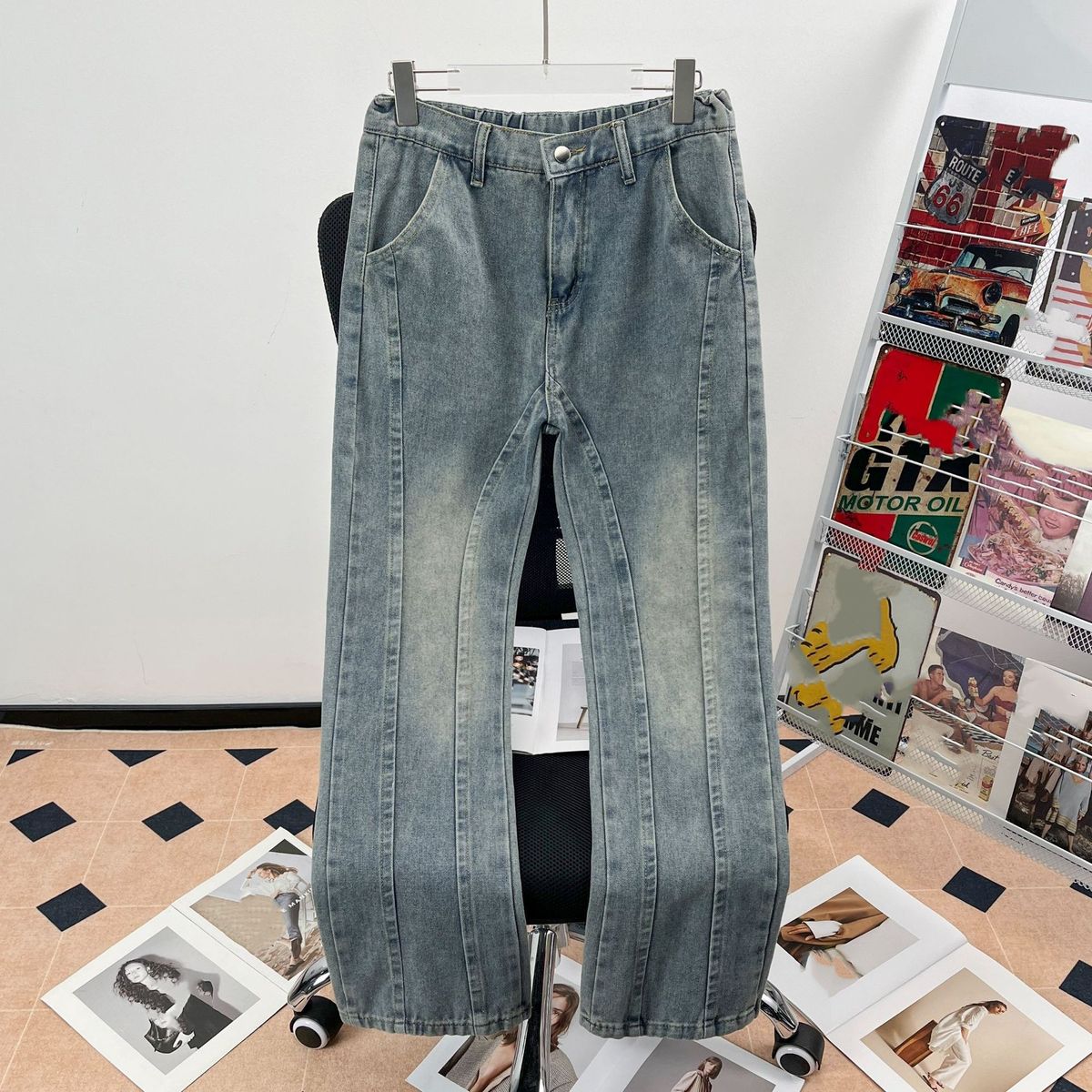 Blue Semi Elastic Waist Monkey Jeans High Street Washed And Distressed Casual Trousers Straight Leg for Men_mkmklike.com