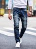 Men's Slim Fit Stretchy Jeans European American Style Patchwork Pleats Trendy High Street Straight Leg Long Pants Y1Y2_mkmklike.com