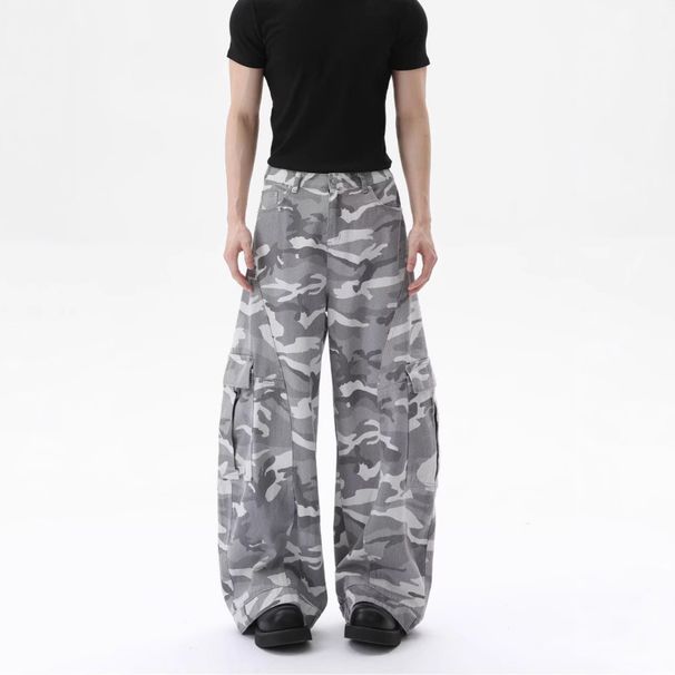 New American High Street Gray White Camouflage Washed Workwear Jeans Wide Leg Curved Blade Loose Casual Pants for Men Women_mkmklike.com