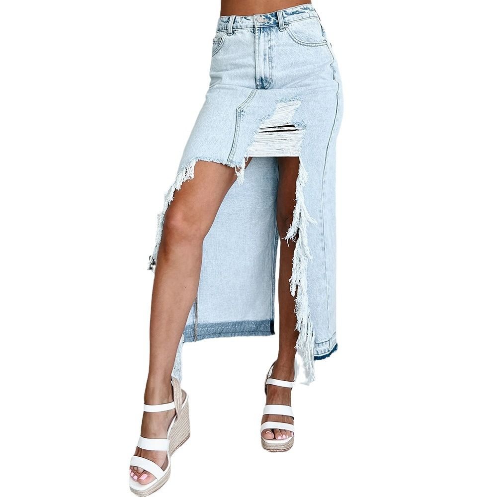 Women's Clothing High Waist Irregular Raw Edge Ripped Hole Old Washed Denim Slit Hip Skirt_mkmklike.com