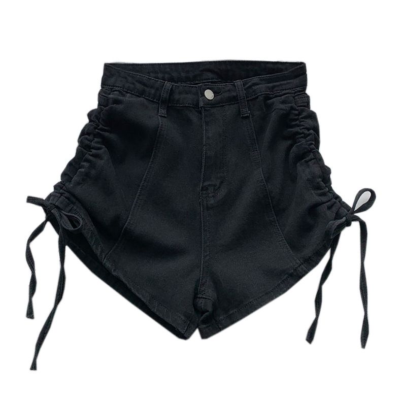 Women's High Waisted Stretch Denim Shorts Drawstring Summer Style Thin Straight Leg Versatile Slimming Wide Leg Hot Pants_mkmklike.com