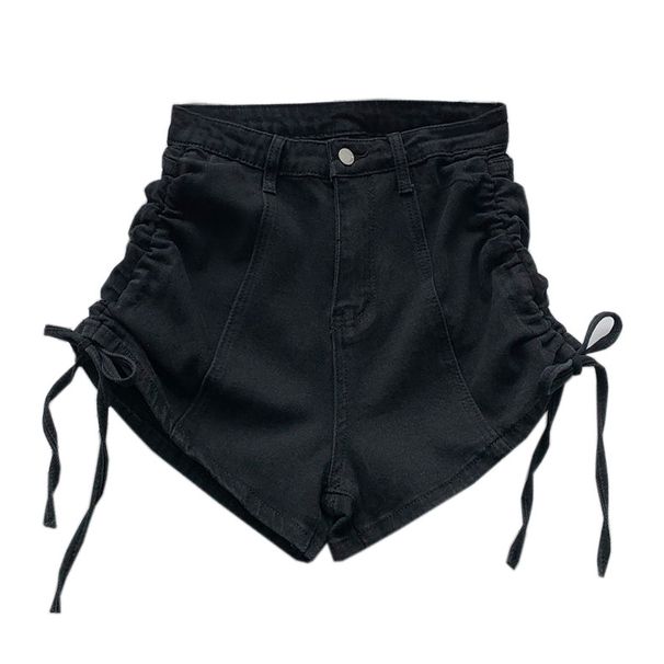 Women's High Waisted Stretch Denim Shorts Drawstring Summer Style Thin Straight Leg Versatile Slimming Wide Leg Hot Pants_mkmklike.com