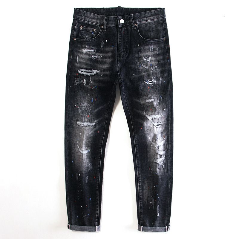 Men's Clothing High End Fashion Hole Patch Ink Paint Black Jeans Slim Fit Small Feet Elastic Personality Trend Pants_mkmklike.com