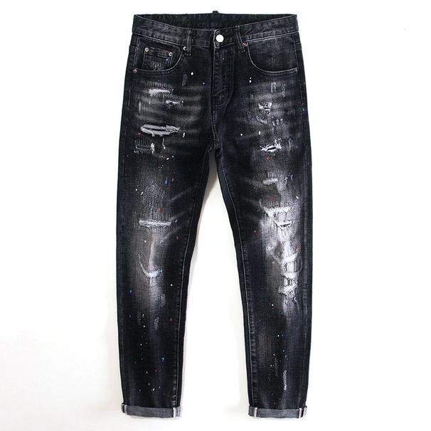 Men's Clothing High End Fashion Hole Patch Ink Paint Black Jeans Slim Fit Small Feet Elastic Personality Trend Pants_mkmklike.com