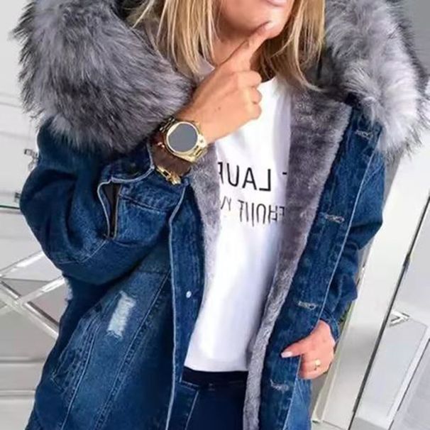 Plus Size Denim Jacket With Faux Fur Hood – Oversized Streetwear Coat For Women, S-5XL (Black/Grey/Blue/Light Blue)_mkmklike.com