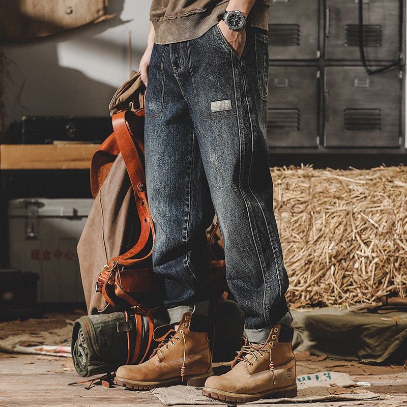 Men's Heavyweight Retro Distressed Jeans Loose Straight Leg Workwear Wide Leg Pants Spring Style_mkmklike.com