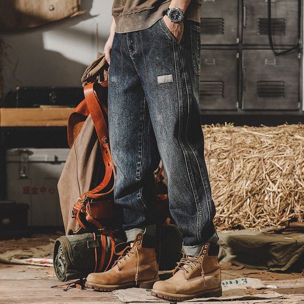 Men's Heavyweight Retro Distressed Jeans Loose Straight Leg Workwear Wide Leg Pants Spring Style_mkmklike.com