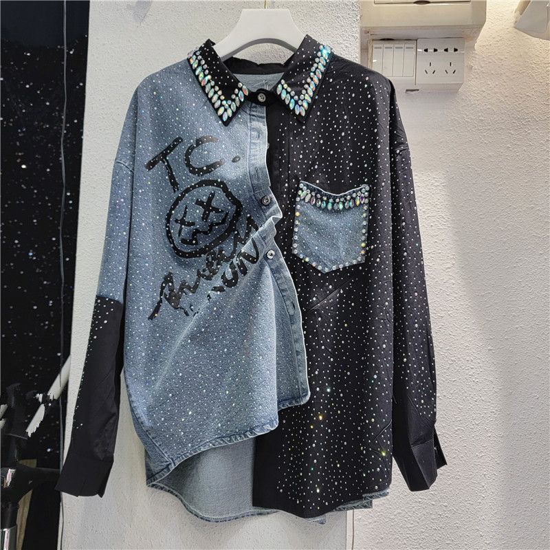Women's denim black shirt women's European station 2024 spring new loose mid-length shirt_mkmklike.com