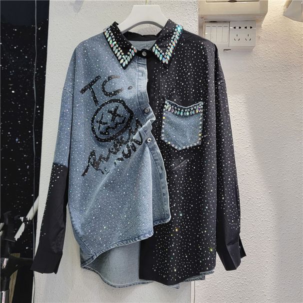 Women's denim black shirt women's European station 2024 spring new loose mid-length shirt_mkmklike.com