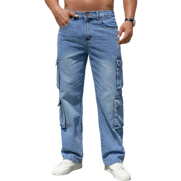 Streetwear Cargo Jeans For Men – Oversized High-Waisted Utility Pants With Multi-Pockets (Lake Blue, S-XXL)_mkmklike.com
