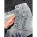 Unisex High Street Flare Jeans With Angled Lightning Design, Slim Fit Vintage Washed Denim Pants For Leg Lengthening Effect_mkmklike.com