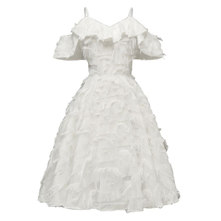 Women's fashion temperament slim fit suspenders feather tassels large swing dress_mkmklike.com