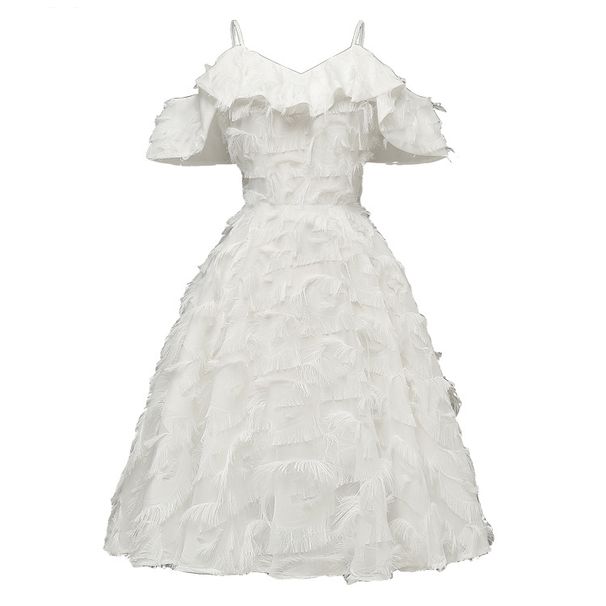 Women's fashion temperament slim fit suspenders feather tassels large swing dress_mkmklike.com