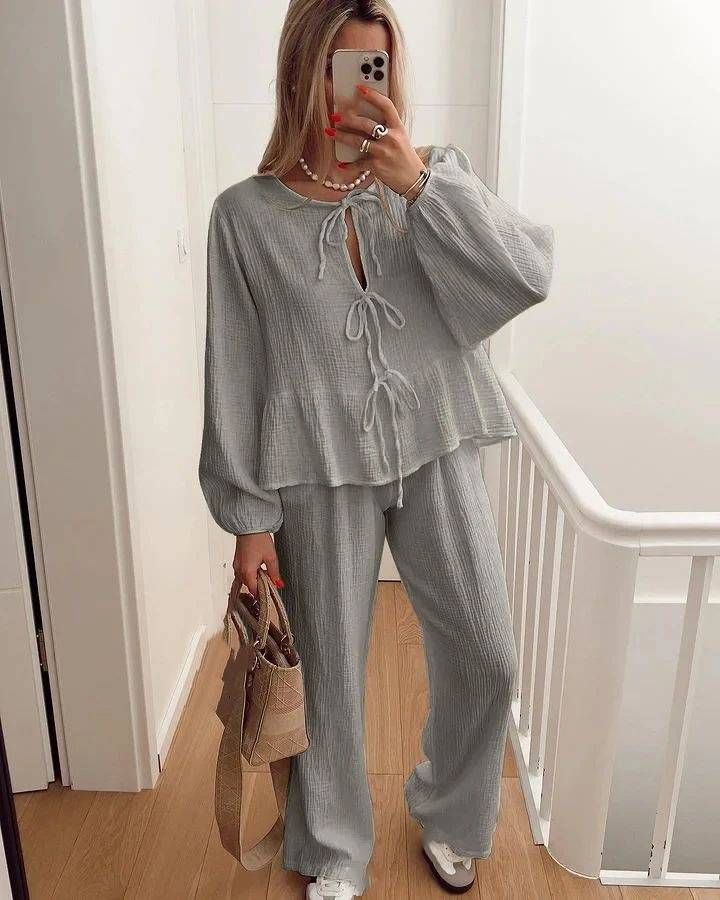 Women's Clothing casual fashion lace round neck lantern sleeve shirt high waist pants suit_mkmklike.com