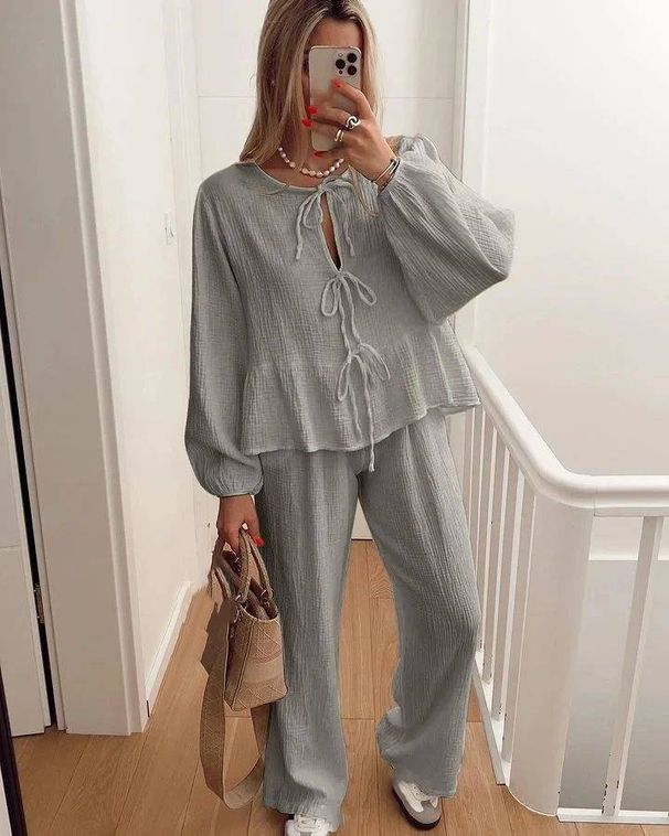 Women's Clothing casual fashion lace round neck lantern sleeve shirt high waist pants suit_mkmklike.com