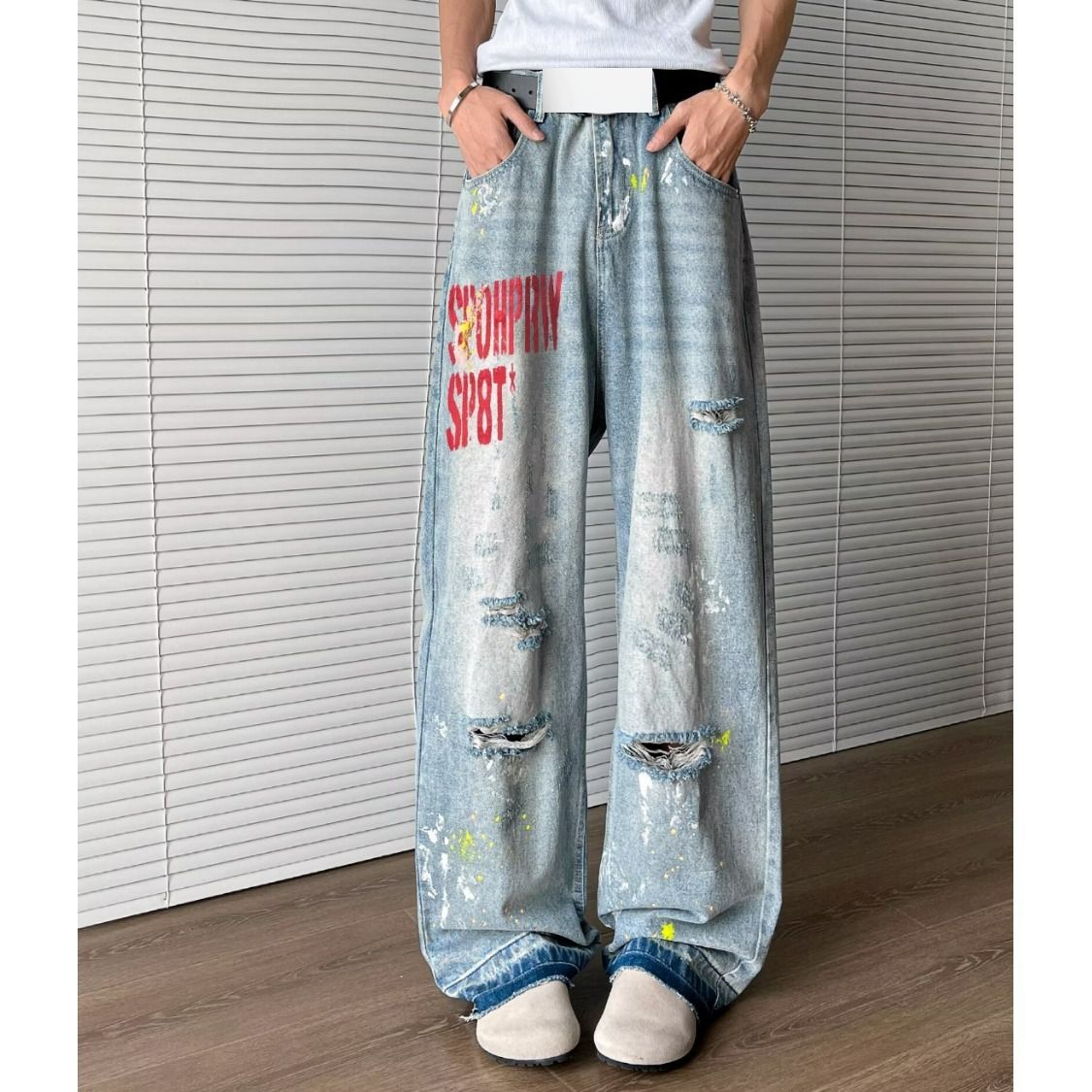 American High Street Vibe Washed Ink Splashed Ripped Jeans For Men Trendy And Fashionable Letter Embroidery Loose Straight Trousers_mkmklike.com