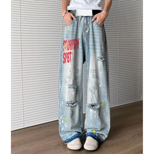 American High Street Vibe Washed Ink Splashed Ripped Jeans For Men Trendy And Fashionable Letter Embroidery Loose Straight Trousers_mkmklike.com