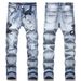 Men's Urban Leisure Gray Distressed Embroidered Jeans Slim Fit Stretch Mid Waist High Street Style Trousers_mkmklike.com