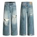 Men's Clothing Blue Straight Ripped Jeans Vintage Washed Blue Straight Leg Distressed Jeans For Men & Women - Relaxed Fit, Comfortable & Stylish_mkmklike.com