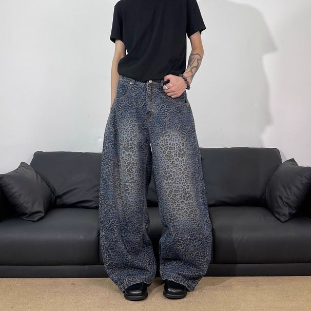 Men's Leopard Print Distressed Jeans - Baggy Loose Fit Vintage Streetwear Hip Hop Denim Pants For Casual Wear_mkmklike.com