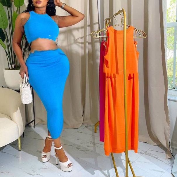 Women's Clothing new fashion casual vest high waist hip long skirt letter webbing casual two-piece suit_mkmklike.com