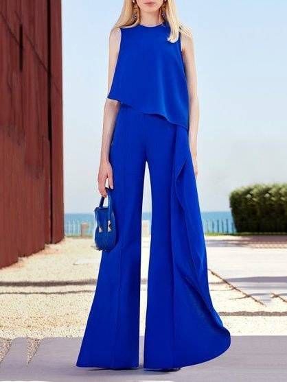 Women's Clothing solid color fashion temperament vest high waist wide leg pants women's irregular zipper jumpsuit _mkmklike.com