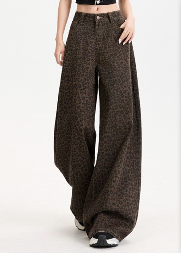 Cheetah Print Wide Leg Jeans For Women - High Waist 70s Vintage Flare Pants With Y2K Streetwear Vibes_mkmklike.com