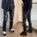 Men's Slim Fit Distressed Patchwork Jeans - High Street Style Black Skinny Ripped Denim Pants For Casual Wear_mkmklike.com