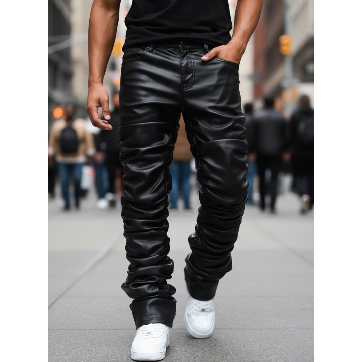Men's Denim Coated Leather Pants European American Style Fashion Street Casual Straight Leg_mkmklike.com