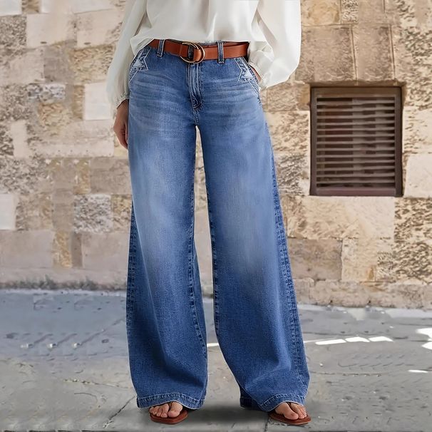 Women's Wide Leg Mid Rise Jeans Washed Stretch Denim No Belt_mkmklike.com