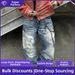 Men's Distressed Washed Denim Trousers Cross Border Embossed Print Loose Retro Wide Leg American Style Jeans_mkmklike.com