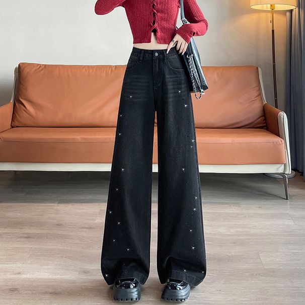 High-Waisted Wide Leg Jeans For Women Rhinestone Embellished Loose Fit Straight Leg Stylish Design Petite Fit New Spring_mkmklike.com