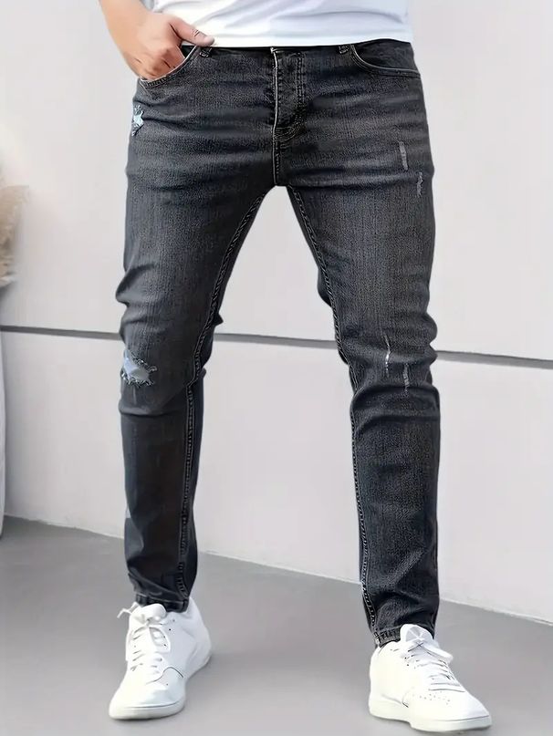 Men's Slim Fit Stretch Jeans - British Style Washed Denim, Mid-Rise With Zip Detail (Light Blue/Black/Gray, S-2XL)_mkmklike.com