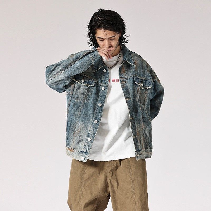 Men's Clothing High End Yellow Mud Dyed Heavy Denim Jacket Outerwear Men's Autumn And Winter New Street Fashion Denim Clothes_mkmklike.com