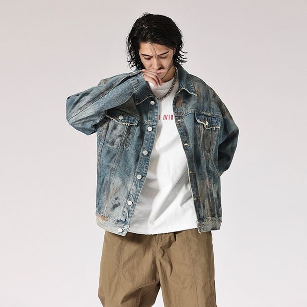 Men's Clothing High End Yellow Mud Dyed Heavy Denim Jacket Outerwear Men's Autumn And Winter New Street Fashion Denim Clothes_mkmklike.com