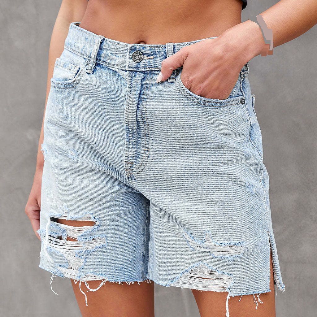 Women's Clothing Denim Shorts Years Summer New Street Fashion Washed Hole Side Split Jeans 3291_mkmklike.com