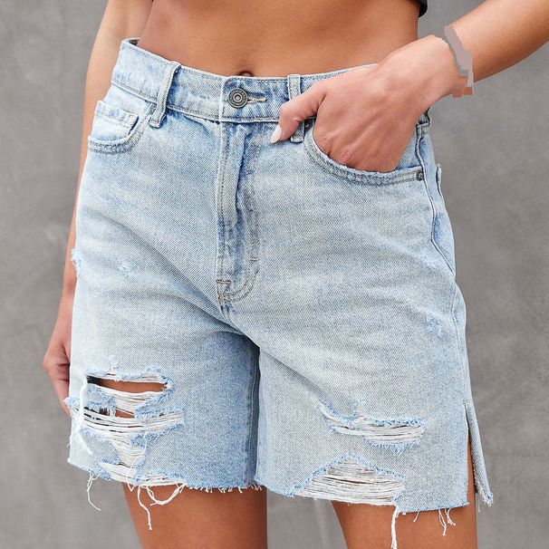 Women's Clothing Denim Shorts Years Summer New Street Fashion Washed Hole Side Split Jeans 3291_mkmklike.com