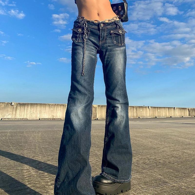 Women's Clothing Ins Fashion Retro Old Trend Hot Girl Low Waist Pocket Jeans For Women_mkmklike.com
