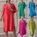 Women's New Cotton and Linen Pure Color Casual Round Neck Button Long Dress _mkmklike.com
