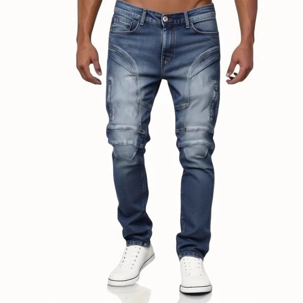 Men's Slim Fit Stretchy Jeans European American Style Patchwork Pleats Trendy High Street Straight Leg Long Pants Y1Y2_mkmklike.com