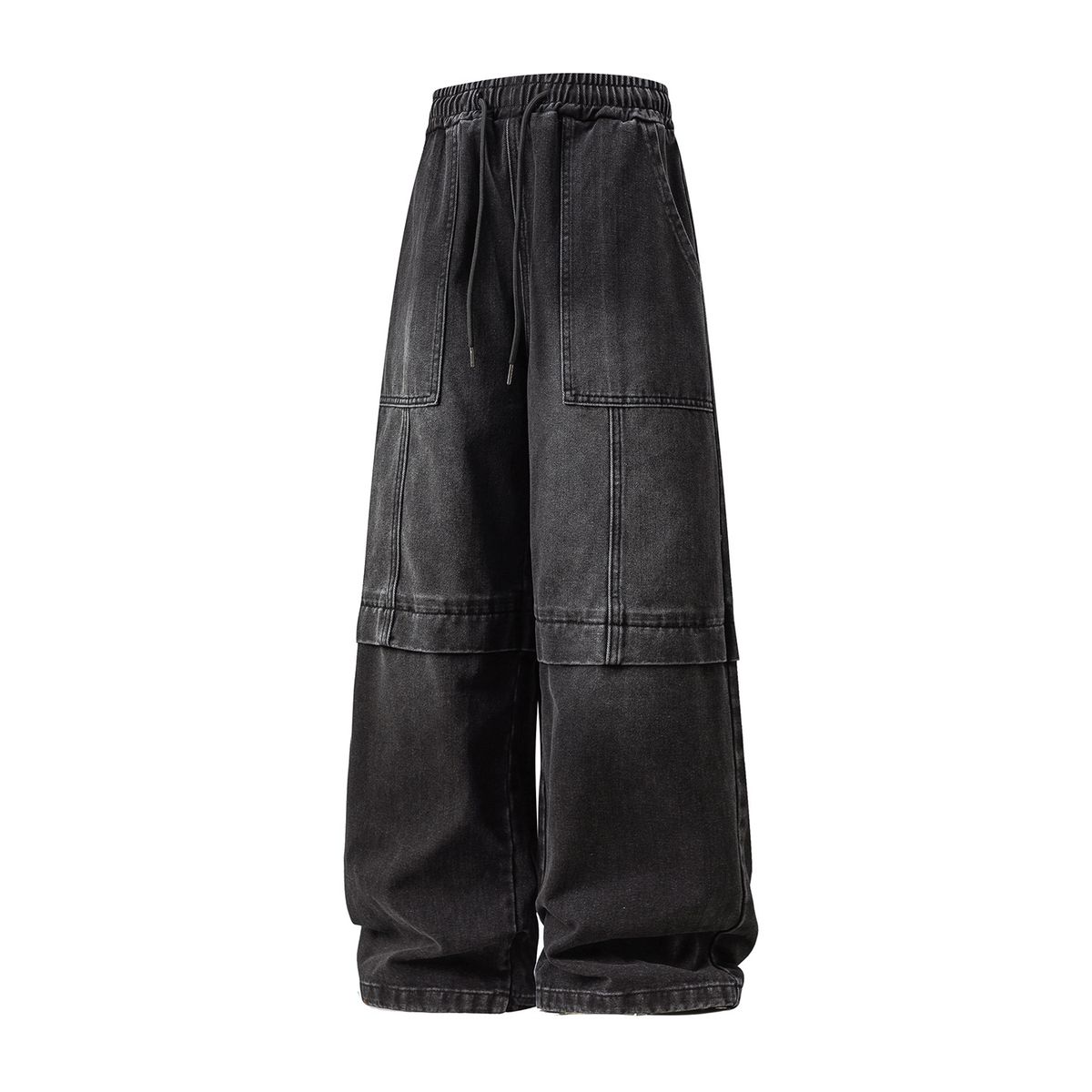 Vintage Washed Split Hem Jeans – Relaxed Straight-Leg Denim Pants With Adjustable Drawstring Waist, American Streetwear Style For Men & Women_mkmklike.com