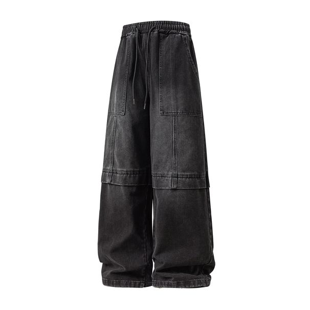 Vintage Washed Split Hem Jeans – Relaxed Straight-Leg Denim Pants With Adjustable Drawstring Waist, American Streetwear Style For Men & Women_mkmklike.com