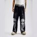 Men's Clothing Black Cool Knight Jeans Loose Straight High Street Hip Hop Pants Niche Design Wide Leg Pants_mkmklike.com