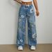 European And American Street Fashion Loose Straight Wide Leg Pants Printed Denim Trousers_mkmklike.com