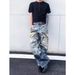 American High Street Men's 3D Digitally Printed Lettering And Floral Patterned Jeans Trendy Distressed Design Loose Wide Leg Trousers_mkmklike.com