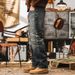 Classic Vintage Heavyweight Straight Leg Jeans Relaxed Fit Washed Denim Five-Pocket Design, Mid Rise, Non-Stretch, Comfortable Casual Pants_mkmklike.com